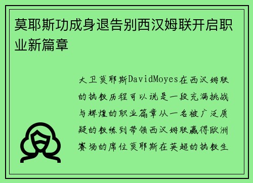 莫耶斯功成身退告别西汉姆联开启职业新篇章