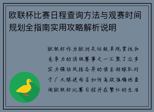欧联杯比赛日程查询方法与观赛时间规划全指南实用攻略解析说明